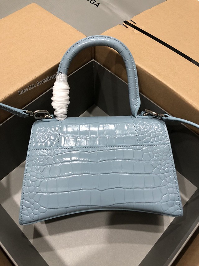 Balenciaga專櫃爆款大號手提女包 巴黎世家升級版鱷魚淺藍色銀扣Hourglass沙漏包 fyj1654